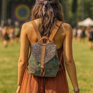 Backpack Tribal Aztec Olive Green Stripes Canvas Bag Festival Purse Boho Gremlin